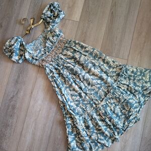 Free people green boho maxi dress puff sleeves S